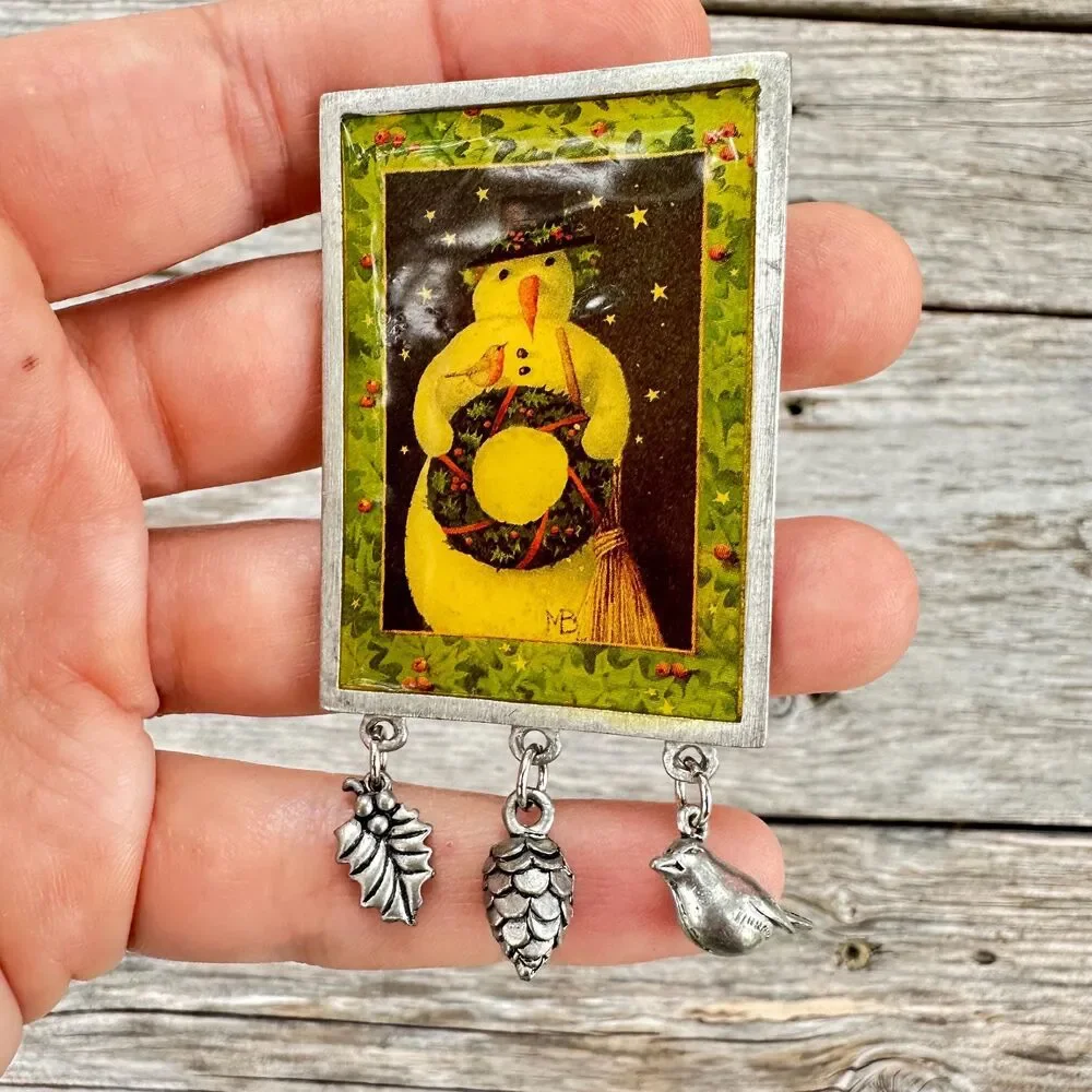 Vintage Jewelry Snowman Brooch with Dangling Charms Winter Jewelry Pin